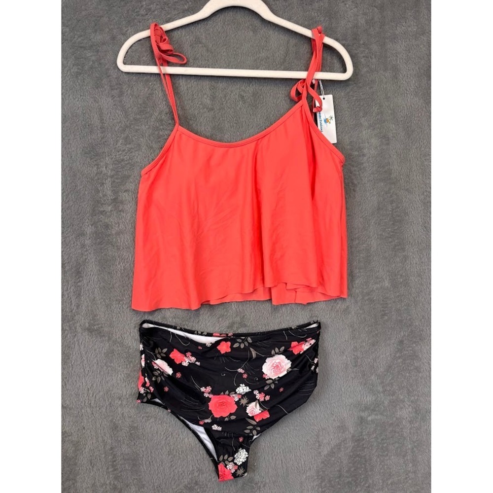 Beachsissi XL Coral Flounce Tankini Set High Waisted‎ Floral Swimsuit NWT